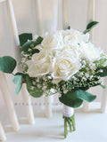 White Wedding Bouquet White and Green Bridesmaid Bouquet Bridal bouquet Artificial Rose Babysbreath Eucalyptus Bouquet