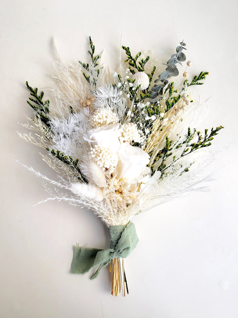 Boho  Dried Flower Bouquet, White & Green, Country Wedding Flower Arrangement, Home Decor Bouquet