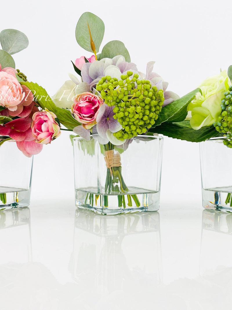 Pink Lavender Faux Floral Arrangement: Silk Flower Centerpiece in Glass Vase silk flower