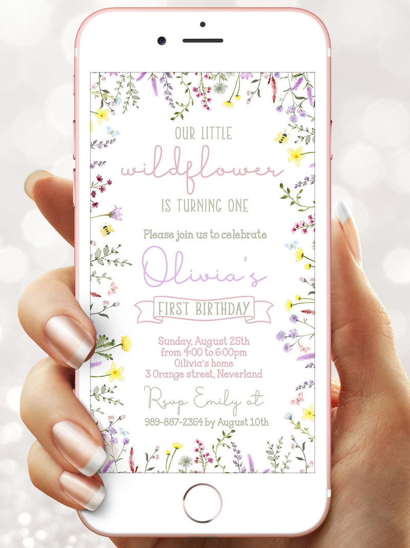 Digital Wildflower Garden Birthday party invitation - Electronic  First party e  invite - 1st Instant download template mobile (22-24) birthday flower