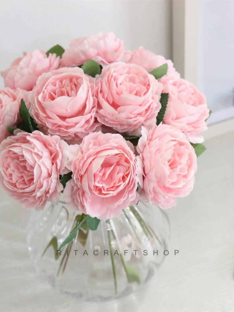 10 stems Artificial Silk Pink Rose Fake White Rose Faux Blue Peony Flower Arrangement Home Decor Centerpiece Wedding Bouquet silk flower