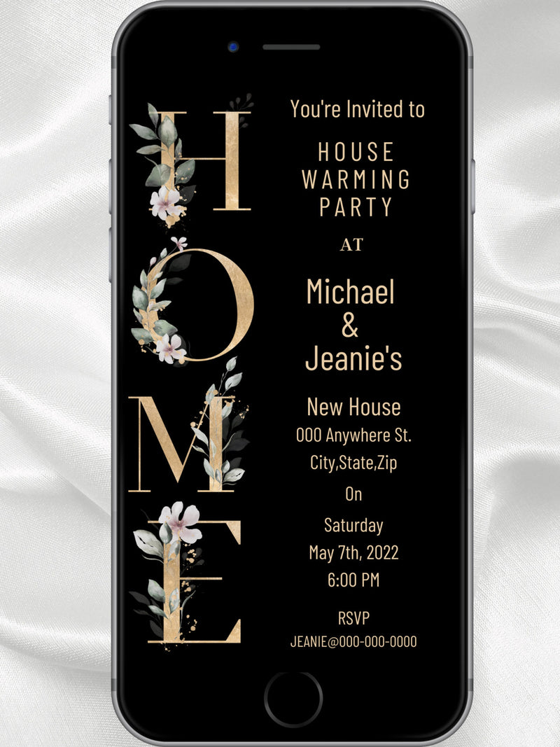 Housewarming Invitation, Black and Gold Floral New Home Party Invite, Editable Housewarming Invite,Electronic Digital House Warming Invite house warming flower