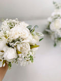 White Rose & Peony Wedding Bouquet w Baby's Breath, White Flower n Lamb's Ear Bouquet, White Bridal n Bridesmaid Silk Flower Bouquet Wedding wedding flower