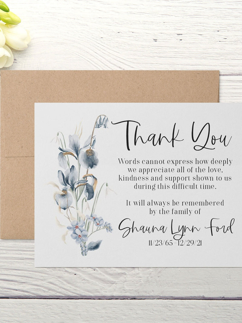 Personalized Funeral Acknowledgement Cards - Floral Blue Bouquet - Sympathy Thank You Bereavement Note Cards - Eco Friendly sympathy flower