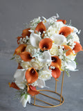 Burnt Orange And Ivory Bridal Bouquet, Real Touch Calla Lilies, Ivory Roses Bridal Bouquet, Fall Winter Bridal Bouquet, Orange Boutonnieres wedding flower