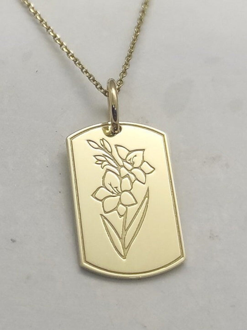 14K Gold Dog Tag Gladiolus Birthflower Necklace, Birthmonth Flower Gift Pendant, Personalized Birthday Flower Charm, 14K Gold Flower Jewelry birthday flower