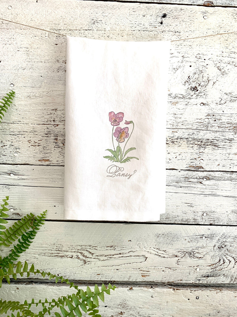 Purple Pansy French  linen tea towel,  dish towel house warming, hostess gift for gardener or florist house warming flower