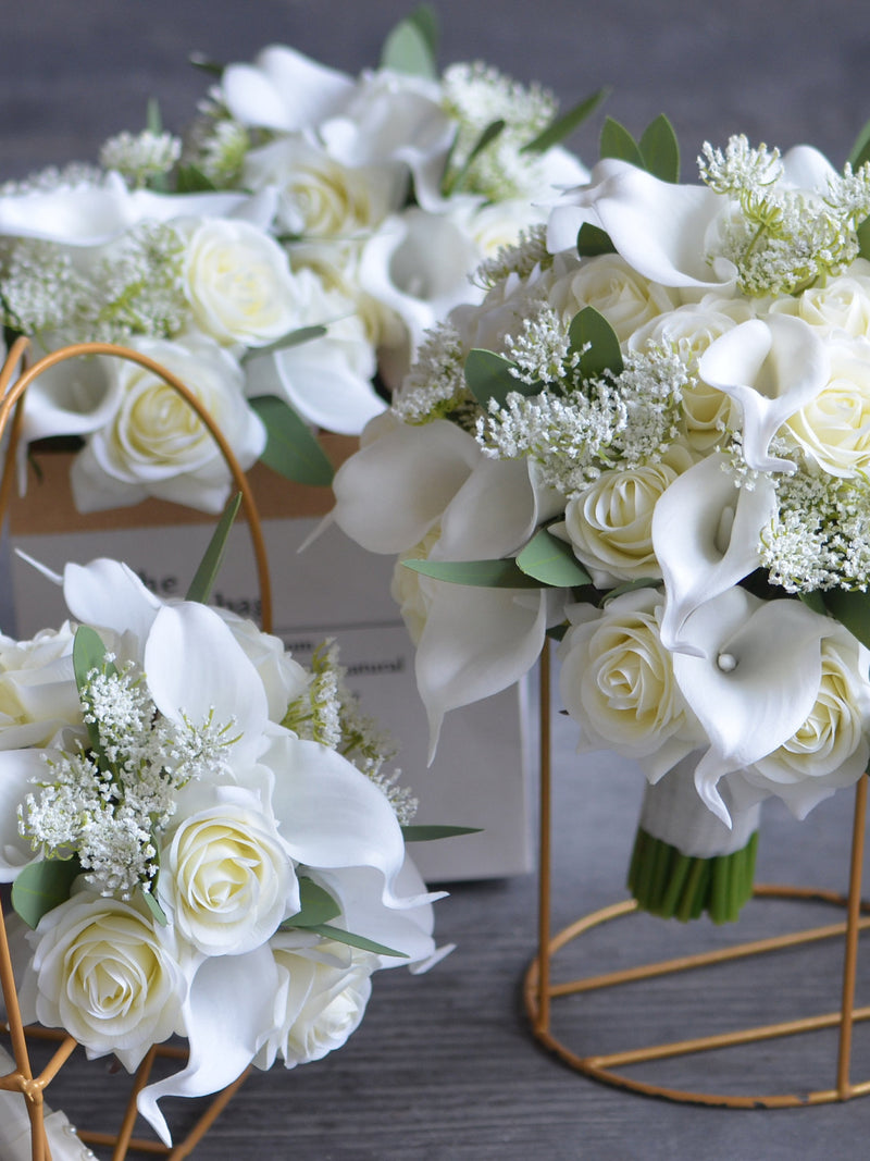 Ivory Real Touch Roses, Rustic Bridal Bouquet, Ivory Calla Lilies, Eucalyptus, Wedding Bouquets, Ivory Bridesmaids Bouquets, Boutonnieres Bouquet