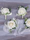 Ivory White Boutonniere for Men, Wrist Corsage for Bride, Bridesmaid, Classic Rustic White Boho Wedding Accessories wedding flower