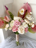 Stunning Bridal Bouquet, Pink and Cream-Colored Anthurium, Tulips, Peonies, Roses and Ranunculus,  "Freshly Gathered" Romantic Bouquet wedding flower