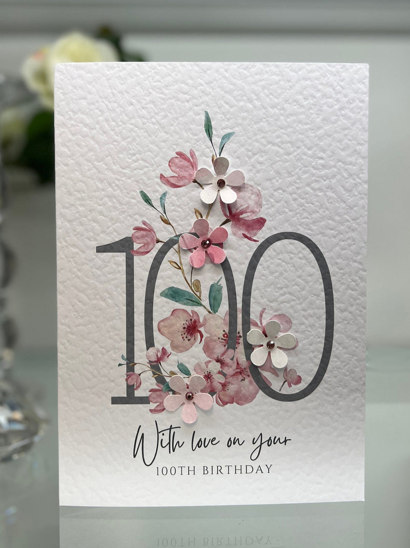 100th Birthday Card, 100th Card, Happy 100th Birthday Card, Luxury 100th Card, Special Keepsake 100th, 3D Flowers, Pink Cherry Blossom Card birthday flower