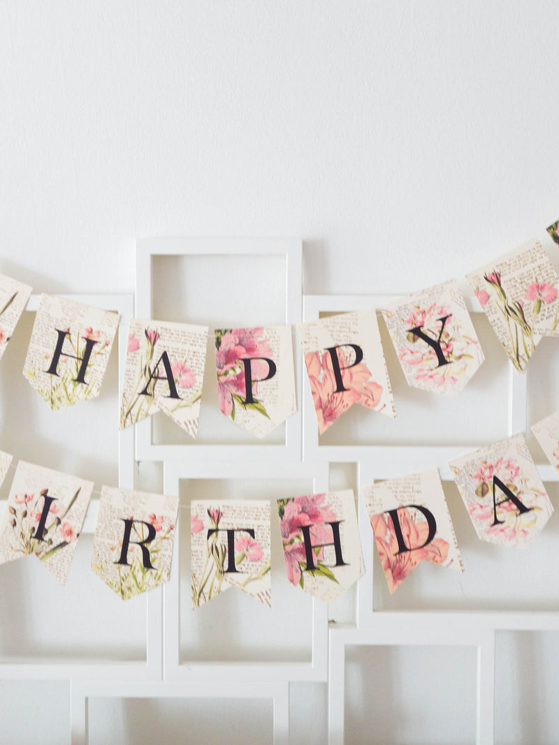 Floral Happy Birthday Banner: Pink Wildflower Party Decor birthday flower