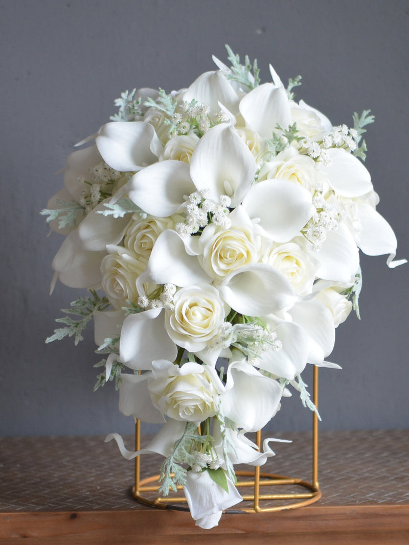 Fake Ivory Cream Real Touch Roses Wedding Bouquet, White Calla Lilies, baby's breath, Dusty Millers, Bridesmaids Bouquets, Boutonnieres Bouquet