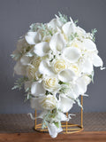 Fake Ivory Cream Real Touch Roses Wedding Bouquet, White Calla Lilies, baby's breath, Dusty Millers, Bridesmaids Bouquets, Boutonnieres Bouquet