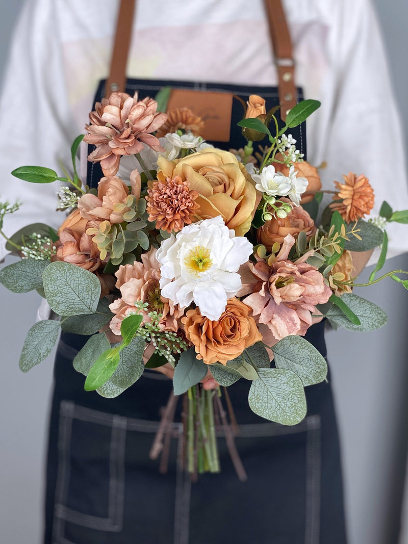 Terracotta Boho Wedding Bouquet, Silk Rose, Eucalyptus, Fall Flower Bouquet