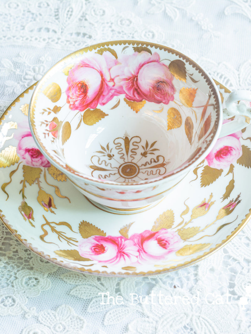 Mismatched antique / vintage Swansea pink rose cabinet cup and saucer, partially hand-decorated flower spore