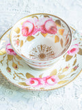 Mismatched antique / vintage Swansea pink rose cabinet cup and saucer, partially hand-decorated flower spore