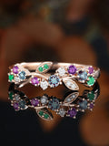 Floral Moissanite Wedding Band Leaf Cluster emerald stacking matching alexandrite unique Vintage promise anniversary ring rose Gold Bridal wedding flower