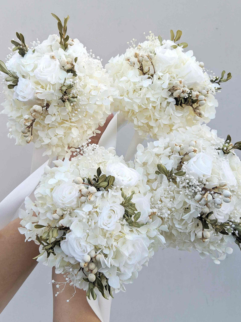 White Rose Bride Flower Bouquet Wedding Bridesmaid Posy Hydrangea Greenery FlowerGirl Classic Modern Premium Preserved Dried Bouquet