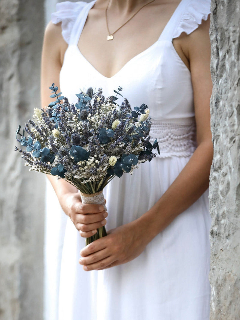 Lavender & Thistle Bridal Bouquet, Boho Eucalyptus Wedding Flowers Bouquet