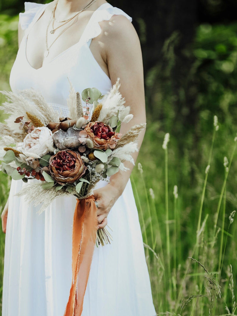 Toffee & Orange Silk Flower Bouquet - Boho Wedding Pampas Grass Bouquet