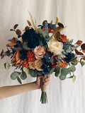Wedding bouquet with navy blue and rust orange flowers, bridesmaids bouquets, rust orange bouquets, fake terracotta bouquet, Faux bouquet wedding flower
