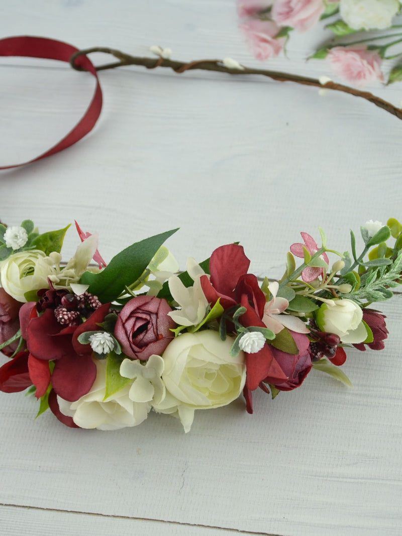 Flower crown adult, flower headband wedding, floral hair piece red ivory, bridal hair accessories, flower crown wedding, floral headband wedding flower