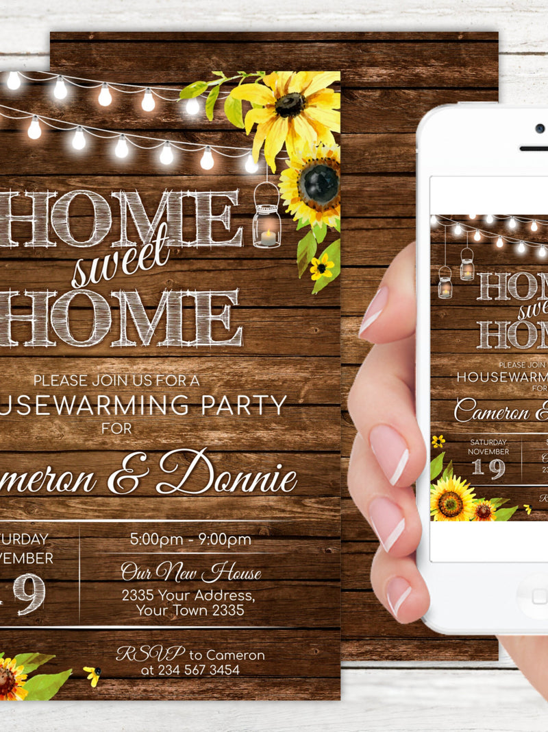 Rustic Sunflower Housewarming Invitation: Editable String Lights (Digital Item) house warming flower