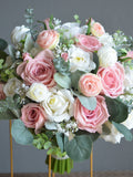 Artificial Rose Pink White Roses Wedding Bouquet, Real Touch Faux Roses, Euca Bouquet, Pink Boho Bouquet, Bridesmaids, Dusty Pink Corsages Bouquet