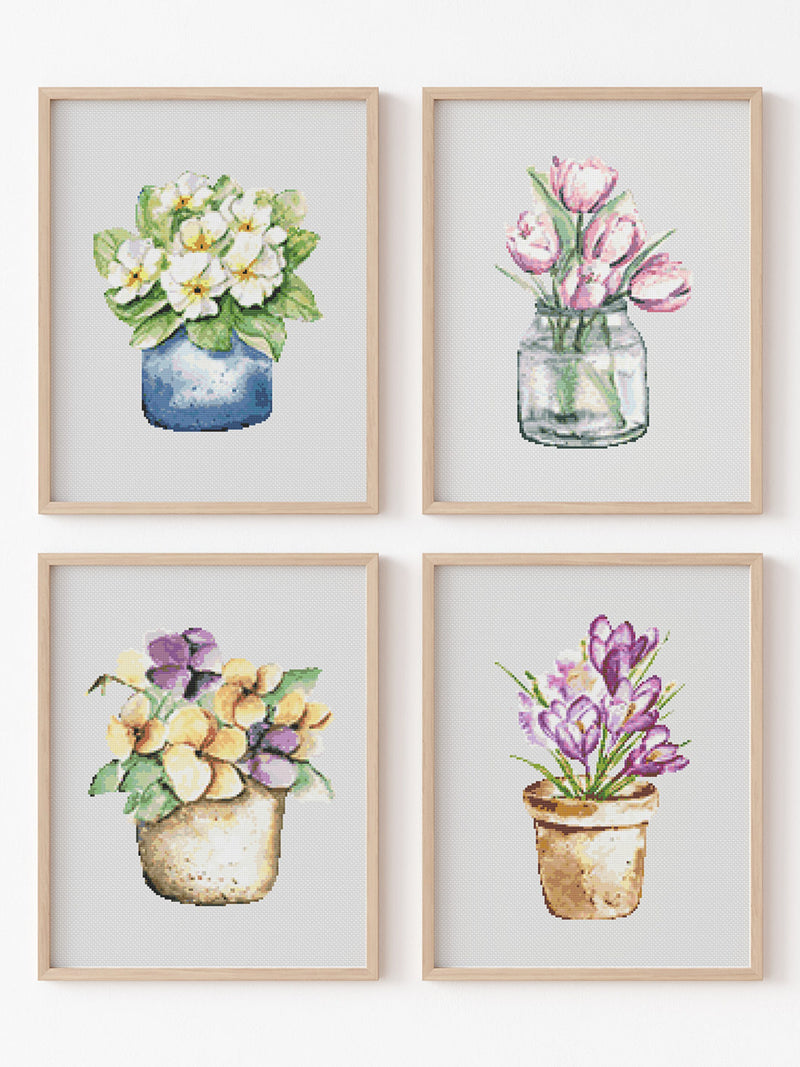 Flower Set Cross Stitch Pattern, Instant Download PDF, Modern Counted Cross Stitch, Embroidery Chart, Spring Wall Decor, House Warming Gift house warming flower