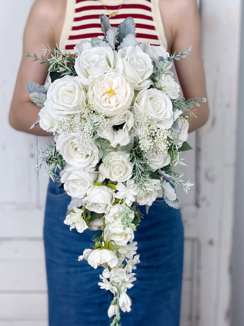 White Cascading Wedding Bouquet, White Bridal Bouquet, Rustic Wedding Flower, Made with Rose, Anemones and Peonies Bouquet