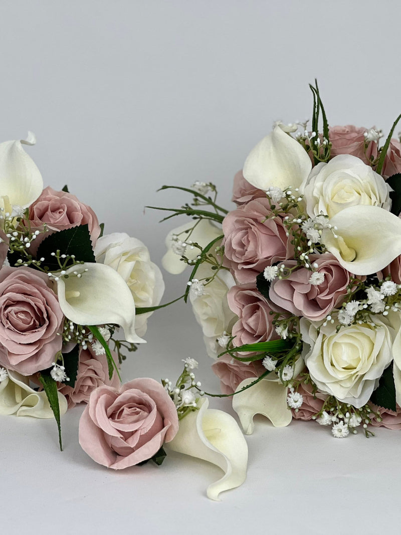 Artificial wedding bouquets flowers sets ivory with blush pink and gypsophila wedding flower
