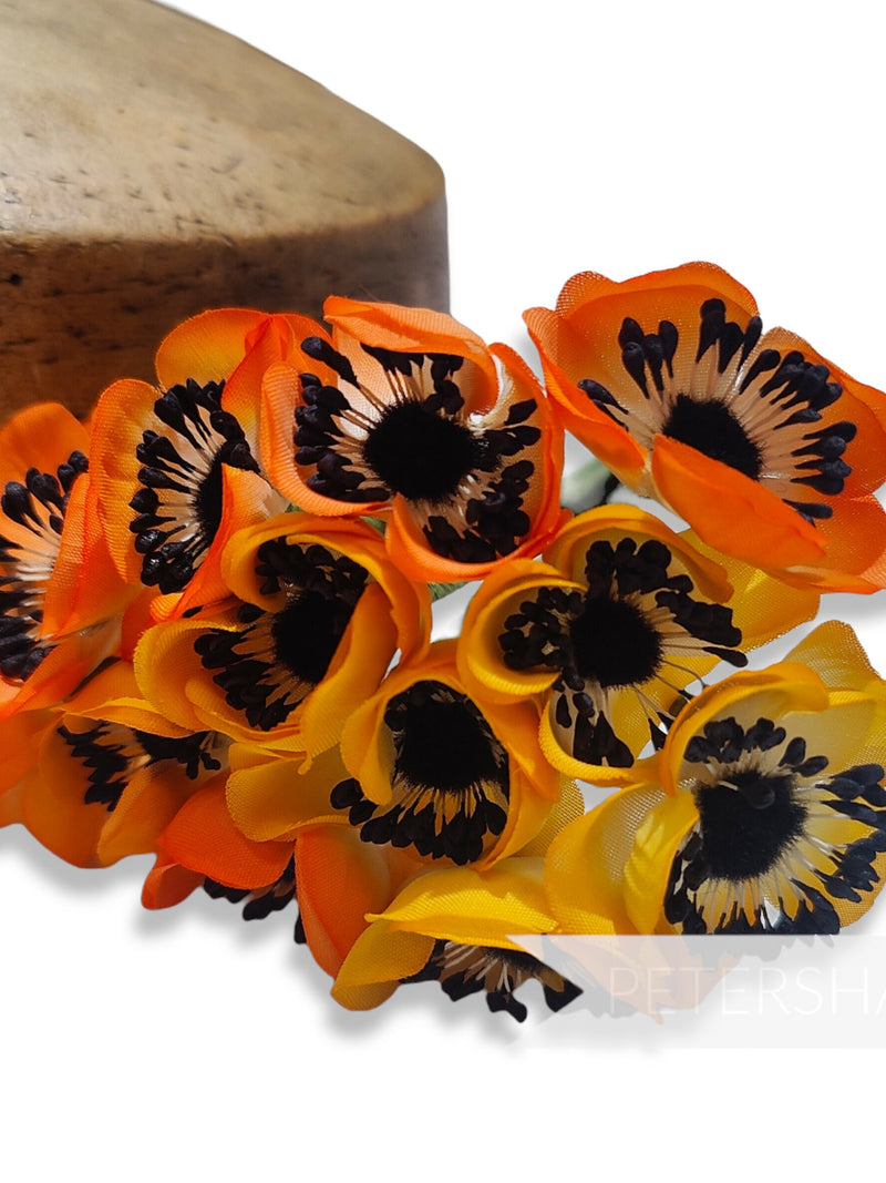 Vintage German 1950/60's 'Aphrodite' Anemone Silk Flower Bunch For Millinery and Hat Making - Mid Orange Mix silk flower