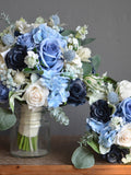Ivory Blue Hydrangeas Roses Wedding Bouquets, Dusty Blue Bridesmaids Bouquets, Navy Boutonnieres, Real Touch Flowers, Fake Flowers wedding flower