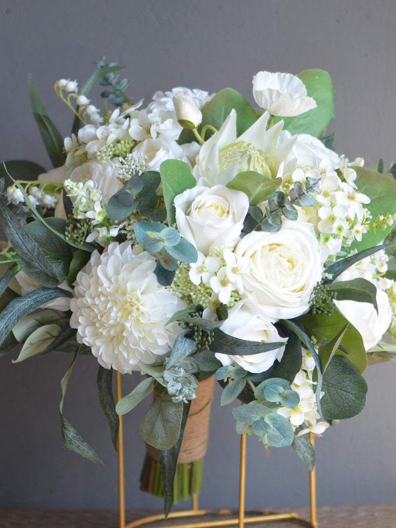 Faux White Wedding Bouquet, White Boho Bridal Bouquet, Real Touch Fake White Roses, Eucalyptus, King Protea, Dahlia Greenery Bouquet wedding flower