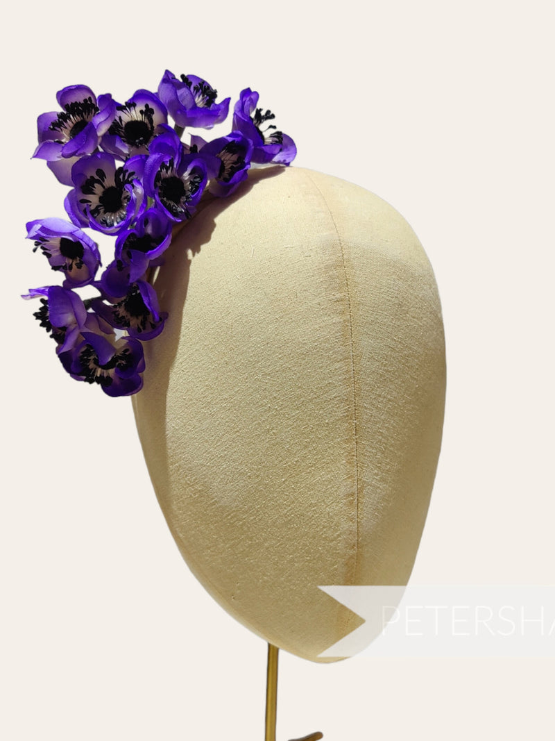 Vintage German 1950/60's 'Aphrodite' Anemone Silk Flower Bunch For Millinery and Hat Making - Purple silk flower
