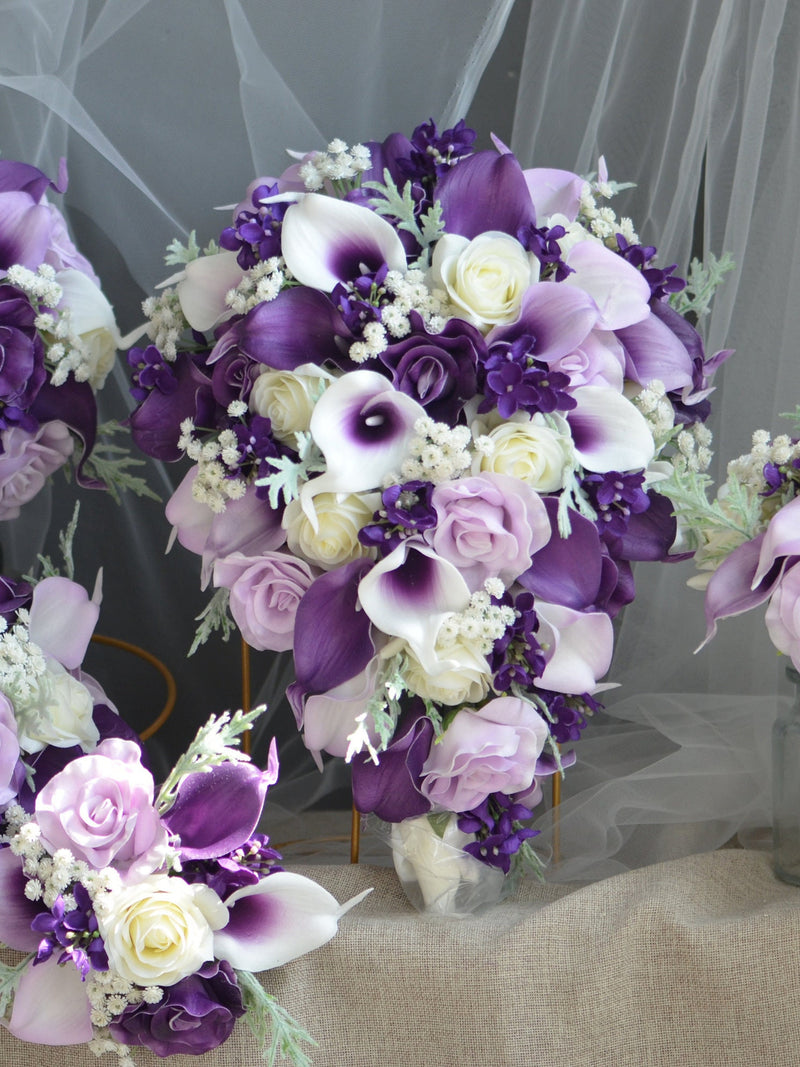 Purple Bridal Bouquet, Plum Lilac Lavender Real Touch Roses Calla lily Wedding Bouquet, Rustic Purple Silk Bouquet, Boutonniere, Corsage wedding flower