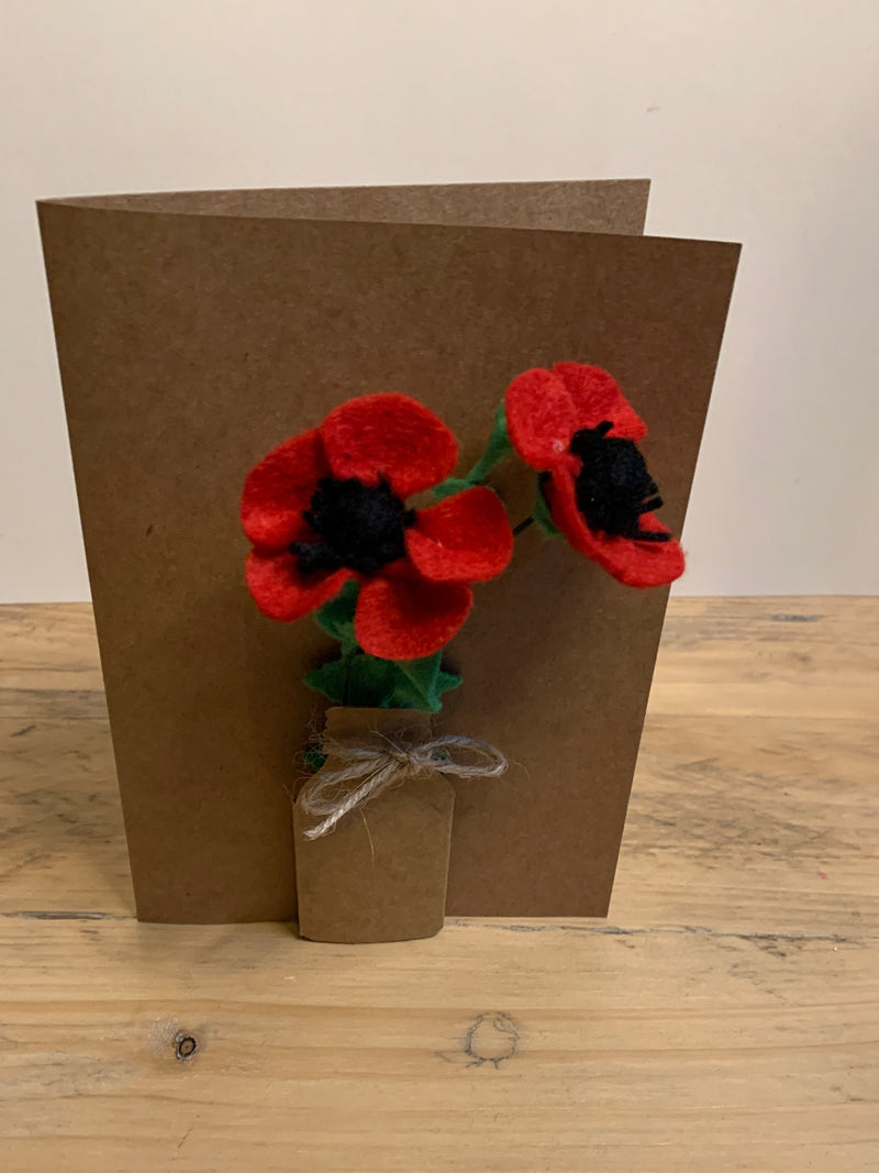 Poppy, fern, Handmade blank card, felt flowers house warming flower