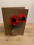Poppy, fern, Handmade blank card, felt flowers house warming flower