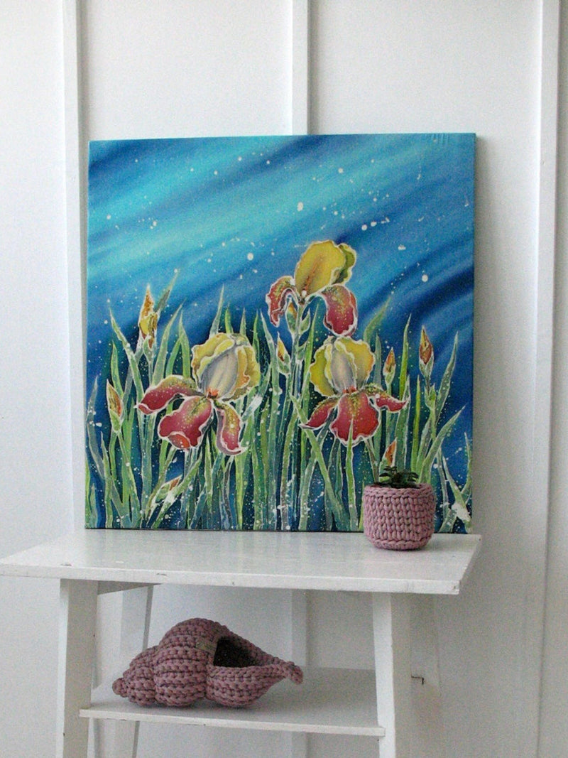 Unique hand paint silk, irises after the rain, colourful interior, botanical decor, flowers art, batik, one of a kind artwork, silk painting silk flower