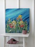 Unique hand paint silk, irises after the rain, colourful interior, botanical decor, flowers art, batik, one of a kind artwork, silk painting silk flower