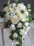 Luxury White Cascading Bridal Bouquet, Cream White Greenery Boho Wedding Bouquets, Artificial Real Touch Flowers, Eucalyptus Bouquet