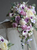 Fake Flowers Bridal Bouquets, Dusty Lilac Mauve Cascading Wedding Bouquet, Dusty Lilac, Lavender Real Touch Flowers, Purple Wedding Bouquet wedding flower