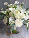 White Greenery Wedding Bouquet, Real Touch Roses, Calla Lily, Dalias, Boho Spring Bridal Bouquets, White bridesmaids bouquets, Eucalyptus Bouquet