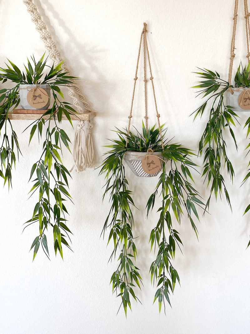 Hanging Faux Bamboo Plant in Handmade Concrete Pot - with Jute Twine or as Floating Shelve Decor - Farmhouse, Boho Decor faux plants