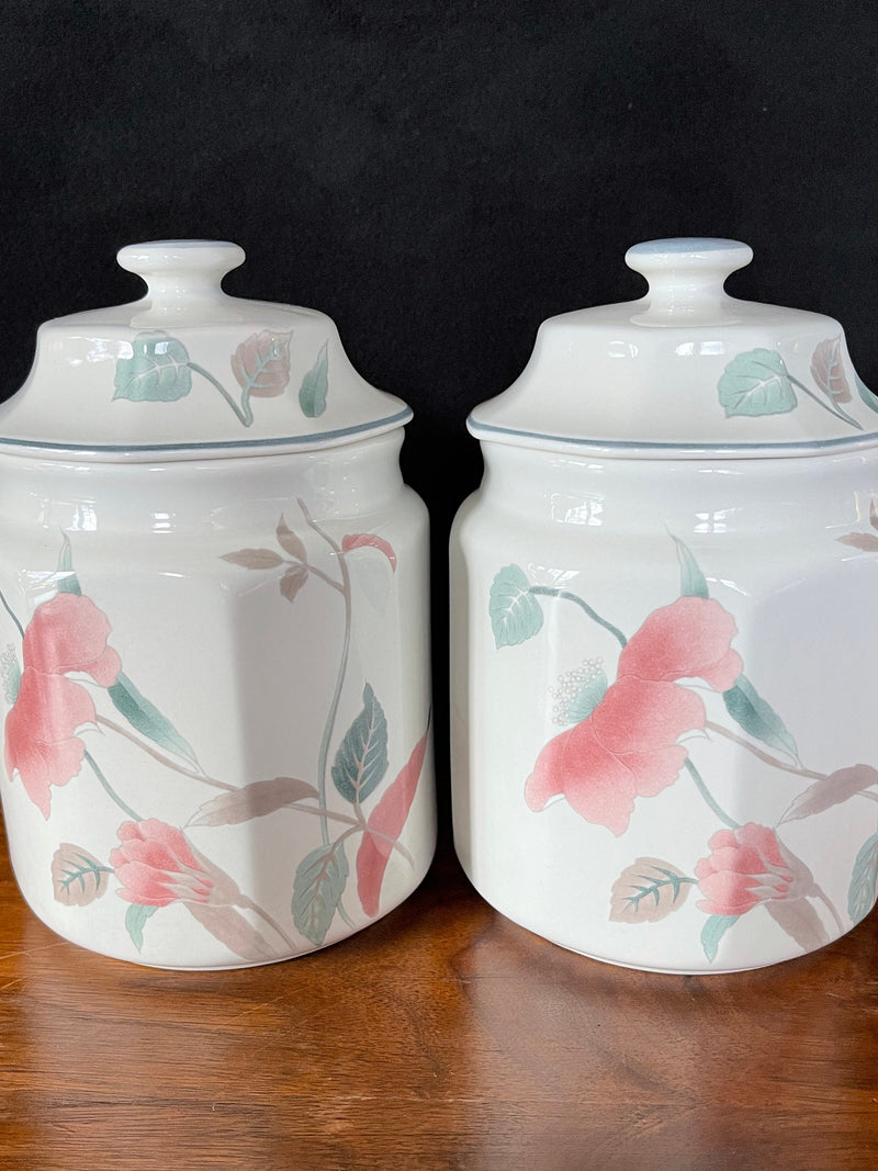 1980-2006 MIKASA Silk Flowers 6" Smallest Canisters (2) One Has Crazing, Stains, One  Excellent Condition, Dishwasher, Microwave, Oven Safe silk flower