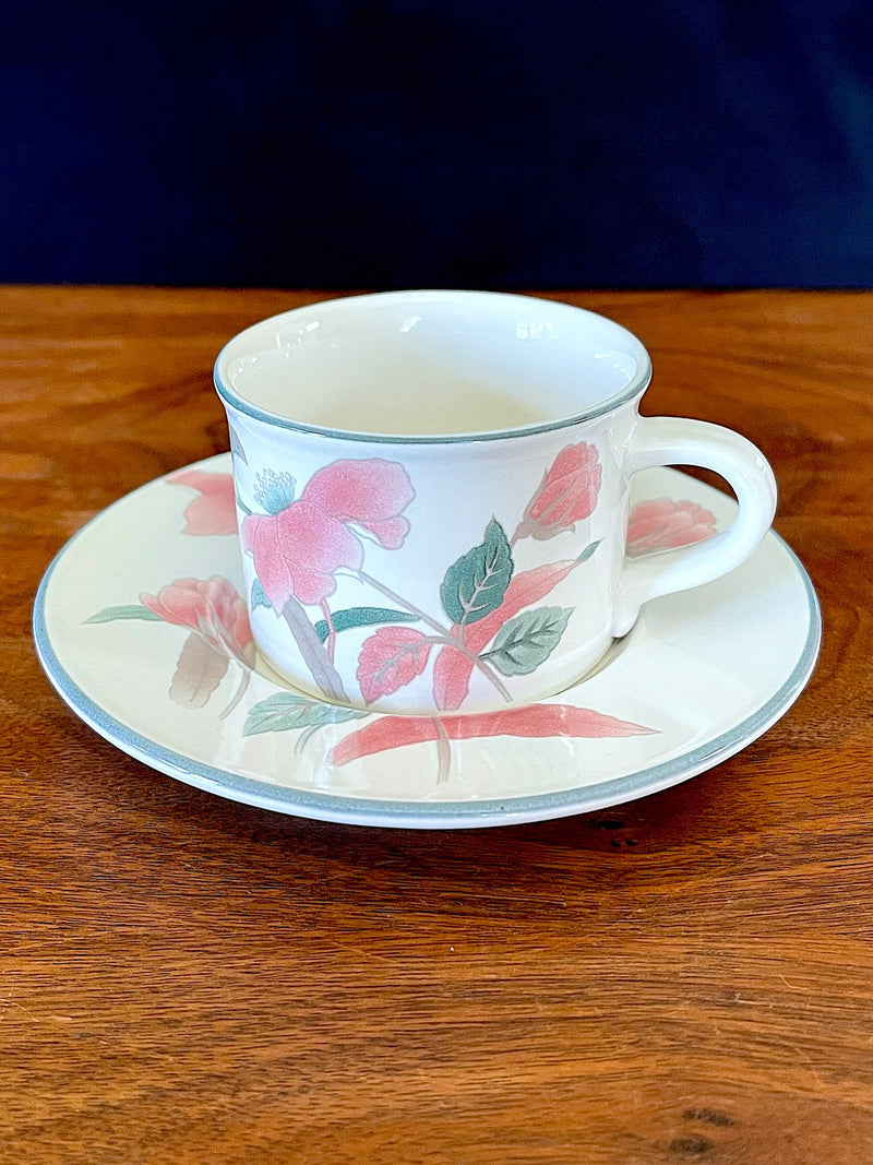 1980-2009 MIKASA Silk Flowers Demitasse Cup and Saucer, Unused, Perfect, NO Damage, See Photos for Size. White, Pink, Teal, Taupe Lg Floral silk flower
