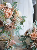 Ivory Beige Brown Bridal Bouquets, Real Touch Faux Flowers, Roses, Peonies, Dusty Millers, baby's breath, Champagne Tan Wedding Package wedding flower