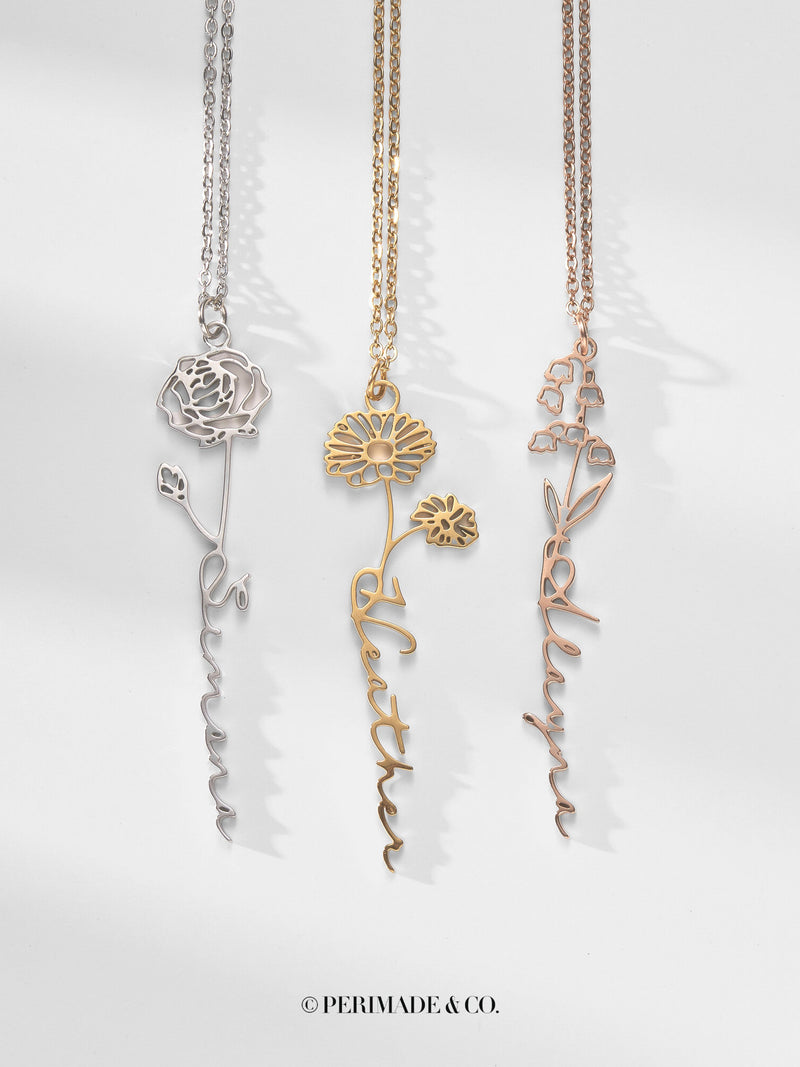 PERIMADE Birth Flower Name Necklace ¥ Gold Custom Name Necklace ¥ Sentimental Best Friend Jewelry ¥ Trendy Best Friend Gift birthday flower