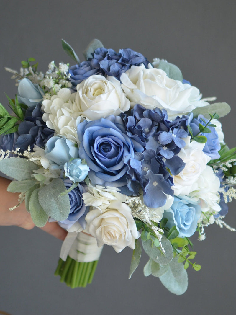 Fake Slate Blue & Dusty Blue Wedding Bouquet, Blue White Bridal Bouquet, Real Touch Faux Roses, Blue Boutonniere Corsage, Blue Wedding Decor wedding flower